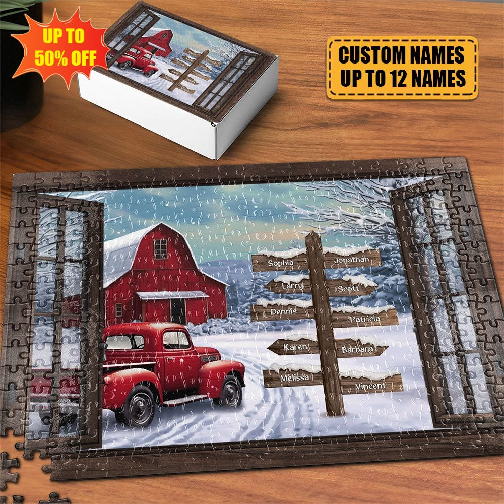 Red Truck Farmhouse Christmas Family Custom Names - Personalized Jigsaw Puzzle