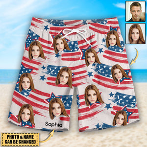 Custom Photo Stars, Stripes - Personalized Patriotic Men Beach Shorts