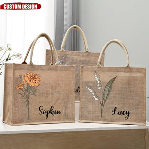 Personalized Birth Flower Jute Tote Bag