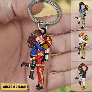 Couple Policeman And Firemen Kiss Personalized Acrylic Keychain