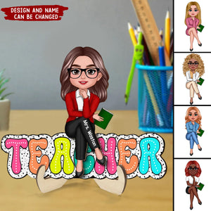 Doll Teacher Sitting On Text Dalmatian Dot Personalized 2-Layer Wooden Plaque, Back To School Gift