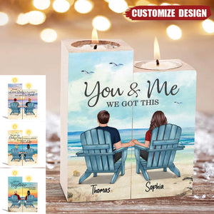 Back View Couple Sitting Beach Landscape Personalized Candle Holder