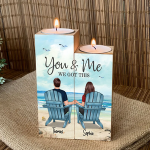 Back View Couple Sitting Beach Landscape Personalized Candle Holder