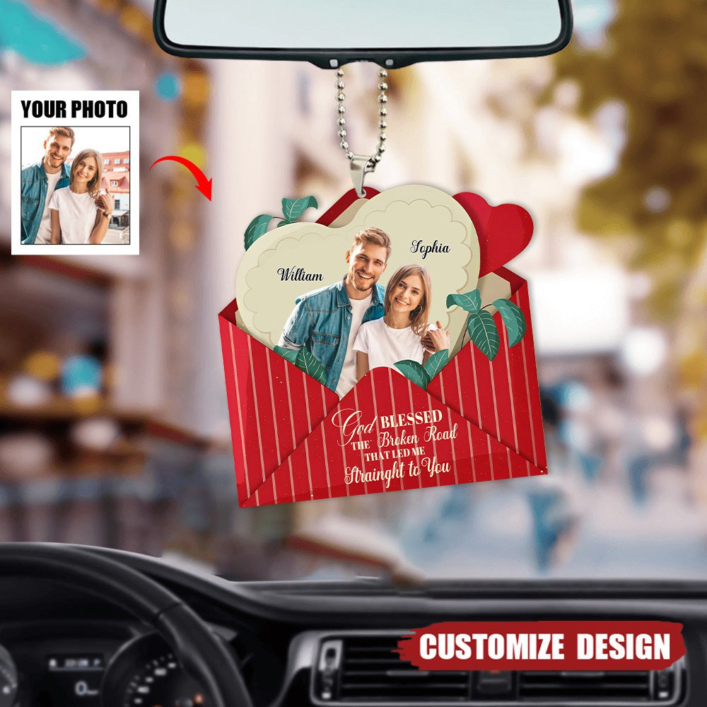 Love in an envelope car ornament -  Gift for couple - God bless this broken road that brought me straight to you
