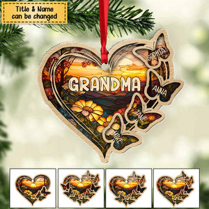 Personalized Christmas Mom Grandma Butterfly Heart Stained Glass Pattern Acrylic Ornament