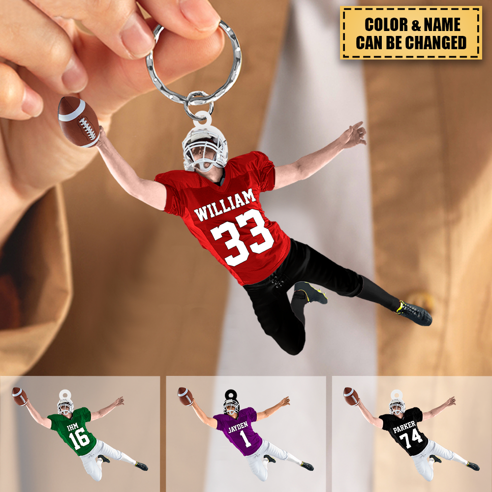 Personalized American Football Player Jumping Keychain