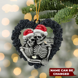 Black Rose Heart Shape - Personalized Skeleton Couple Flat Ornament, Christmas Tree Decor