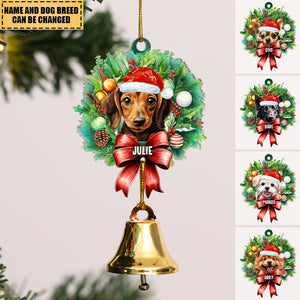 Dog with Christmas Hat - Personalized Acrylic Christmas Ornament with Ring Bell