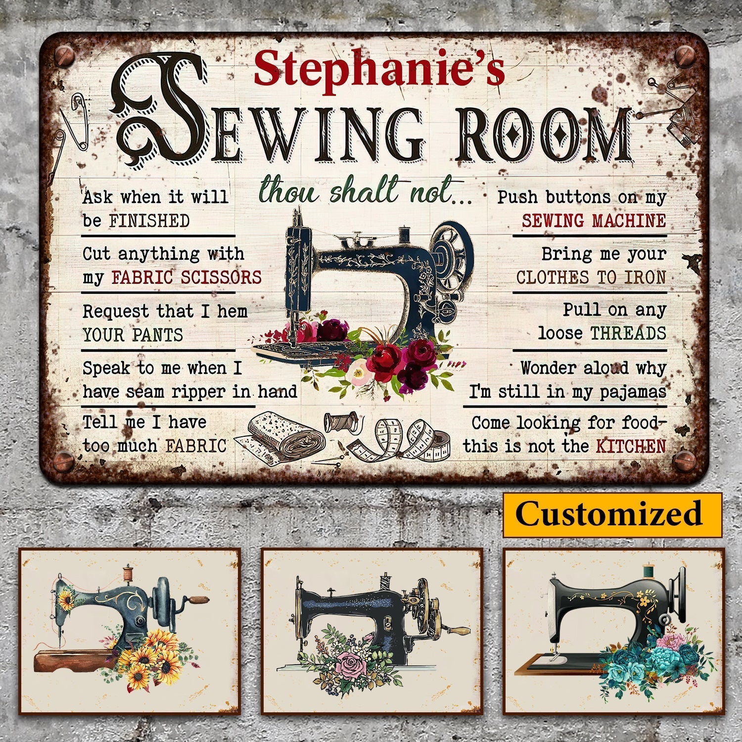 Personalized Sewing Room Rules Metal Sign