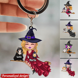 Witch Riding Broom Mystical Girl With Cute Cat Kitten Pet Personalized Acrylic Keychain
