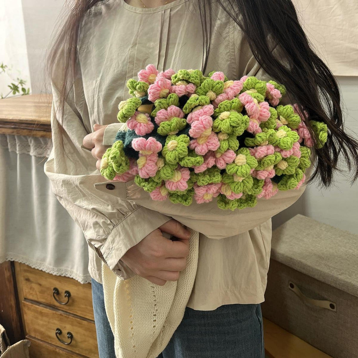 Hand-Knitted Daisy Blanket Bouquet Blanket Ready-Made Hand-Woven Flower Blanket, Gift For Mother And Girlfriend