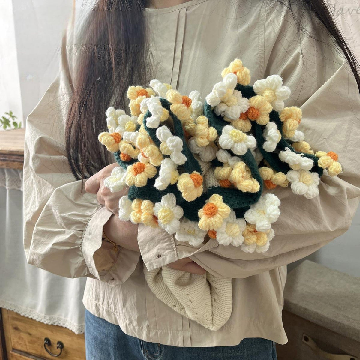 Hand-Knitted Daisy Blanket Bouquet Blanket Ready-Made Hand-Woven Flower Blanket, Gift For Mother And Girlfriend