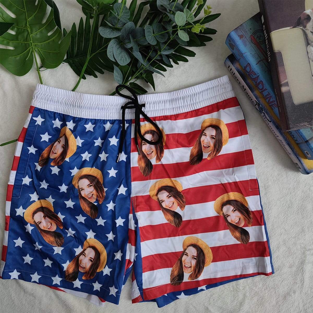 Personalized Swim Trunks Custom Swimming Shorts Custom Face Stars Stripes Men's Quick Dry Swim Shorts Mens Print Swimwear with Girlfriend's Face