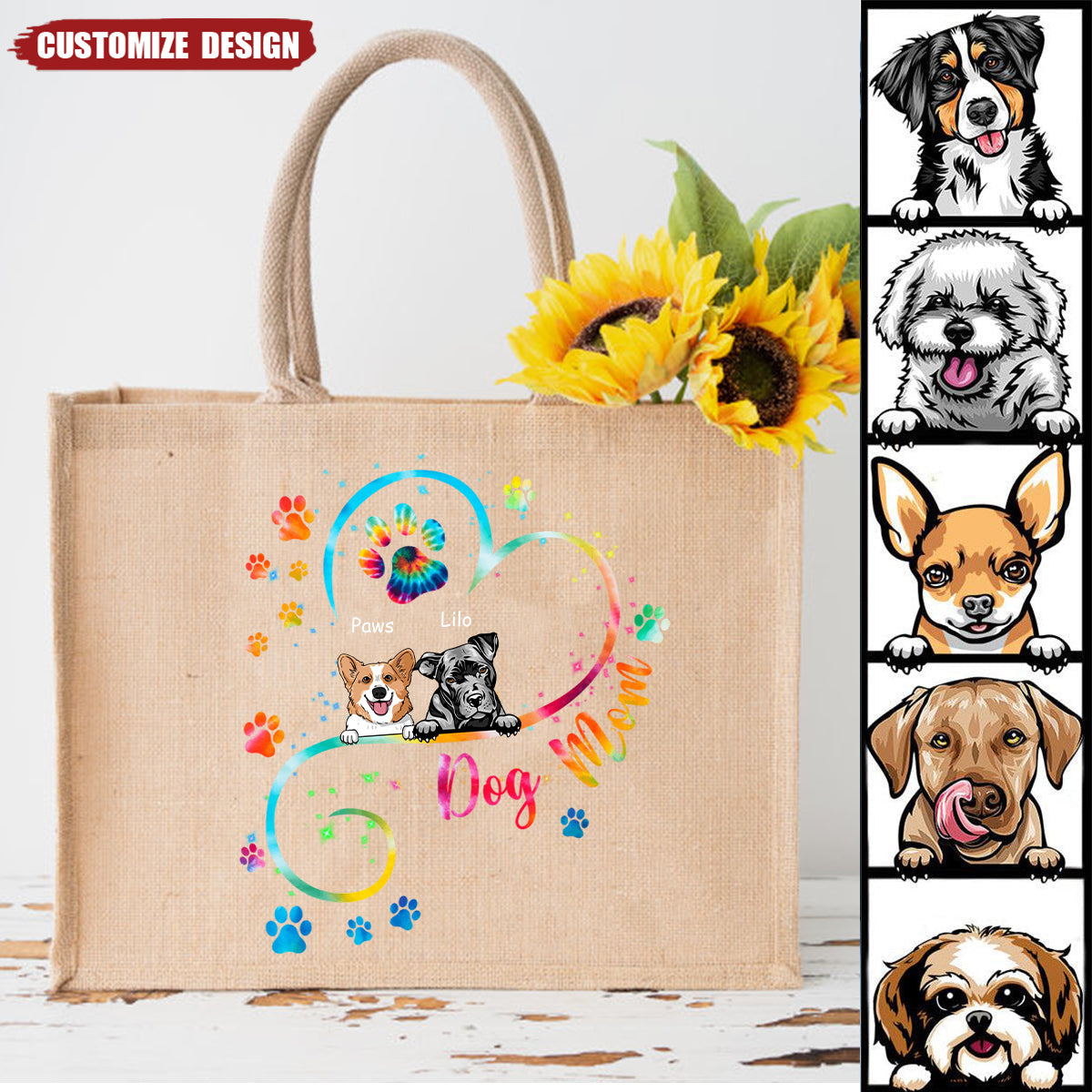 Dog Mom Heart Line Personalized  Jute Tote Bag, DIY Gift For Pet Lovers