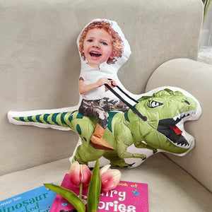 Kids Riding Dinosaur For Sons, Daughters - Personalized Photo Custom Shaped Pillow