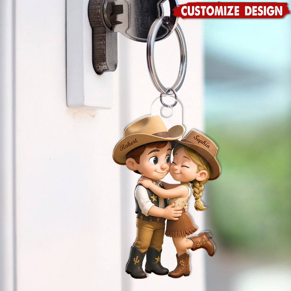 Cartoon Style Countryside Couple Cowboy Cowgirl Personalized Keychain