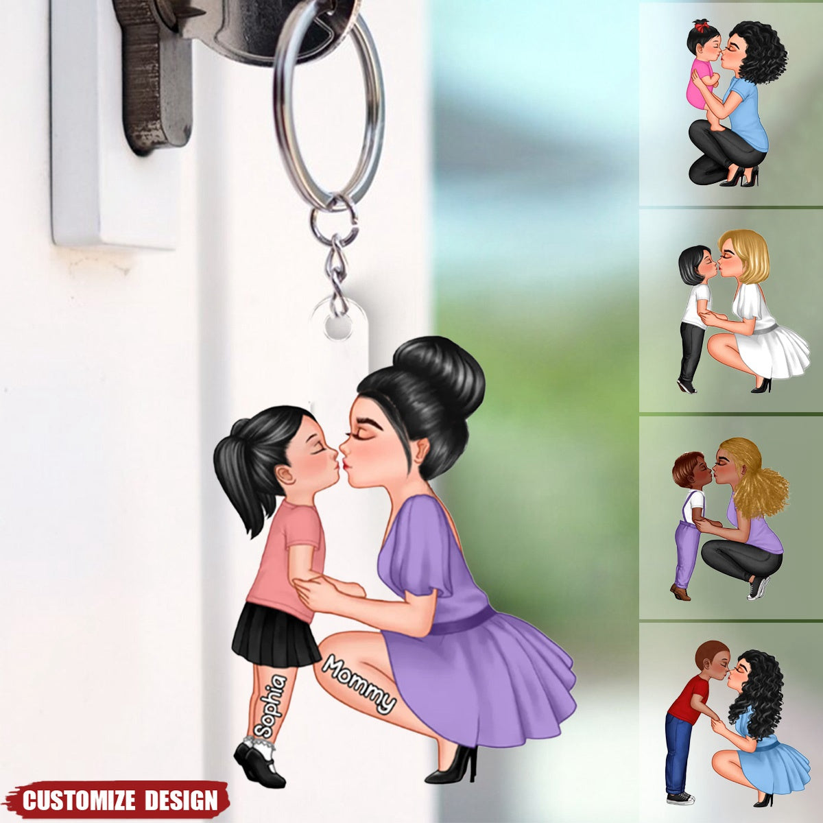 Mom And Kid Holding Hands Kissing Personalized Acrylic Keychain
