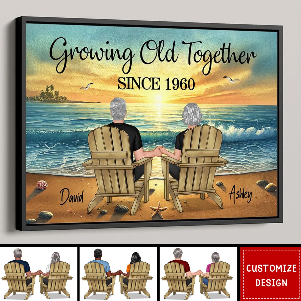 Old Couple Sitting Together Sunset Beach Landscape Personalized Poster-Gift For Couple