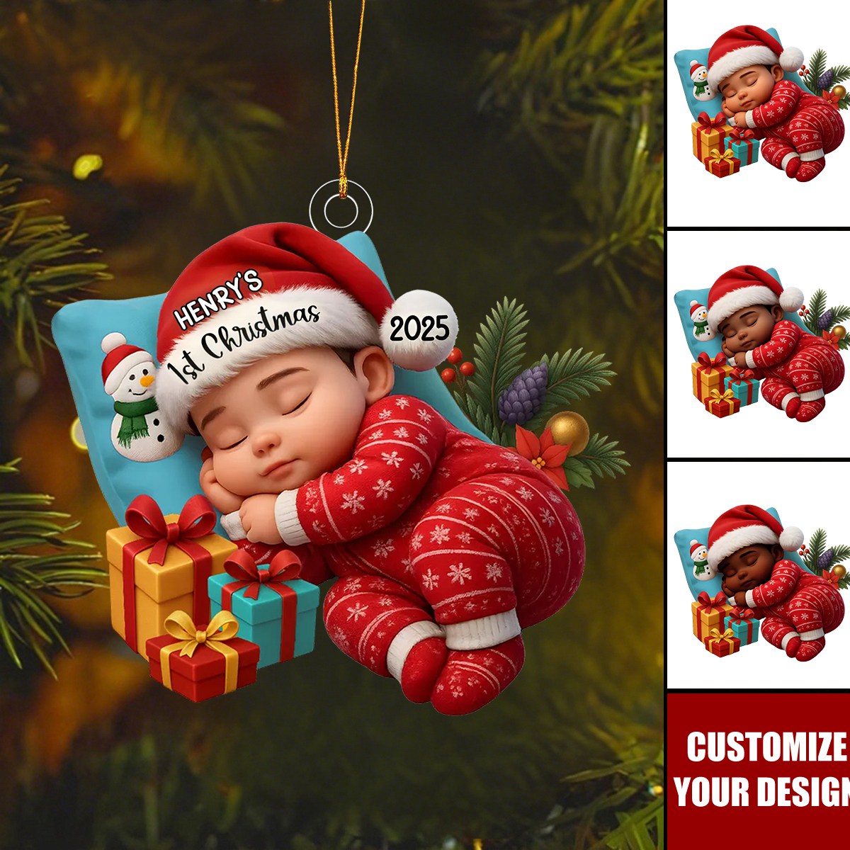 Sleeping Baby in Christmas Cheer Personalized Acrylic Ornament, Baby's 1st Christmas Keepsake, Baby Gift from Grandparents/Parents