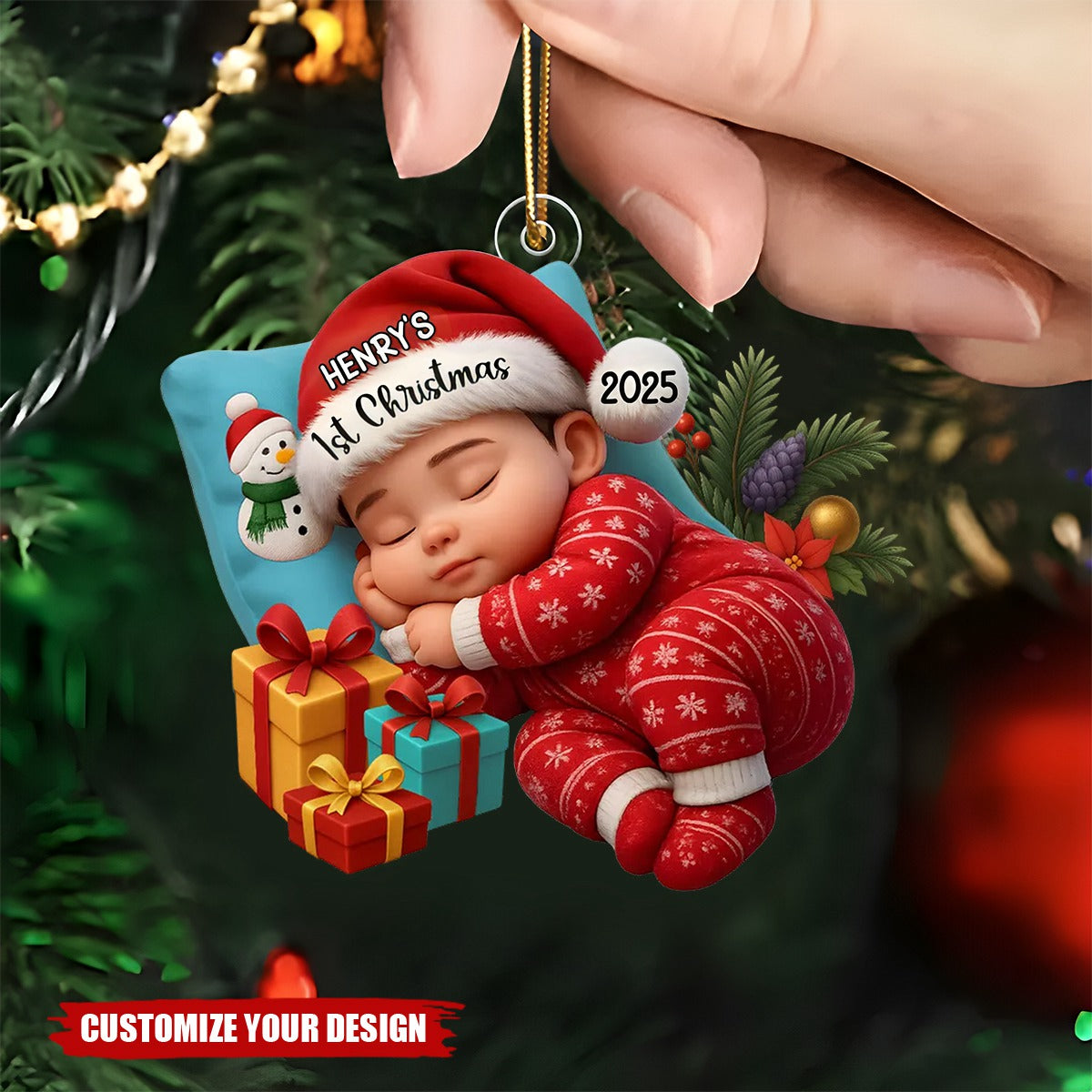 Sleeping Baby in Christmas Cheer Personalized Acrylic Ornament, Baby's 1st Christmas Keepsake, Baby Gift from Grandparents/Parents