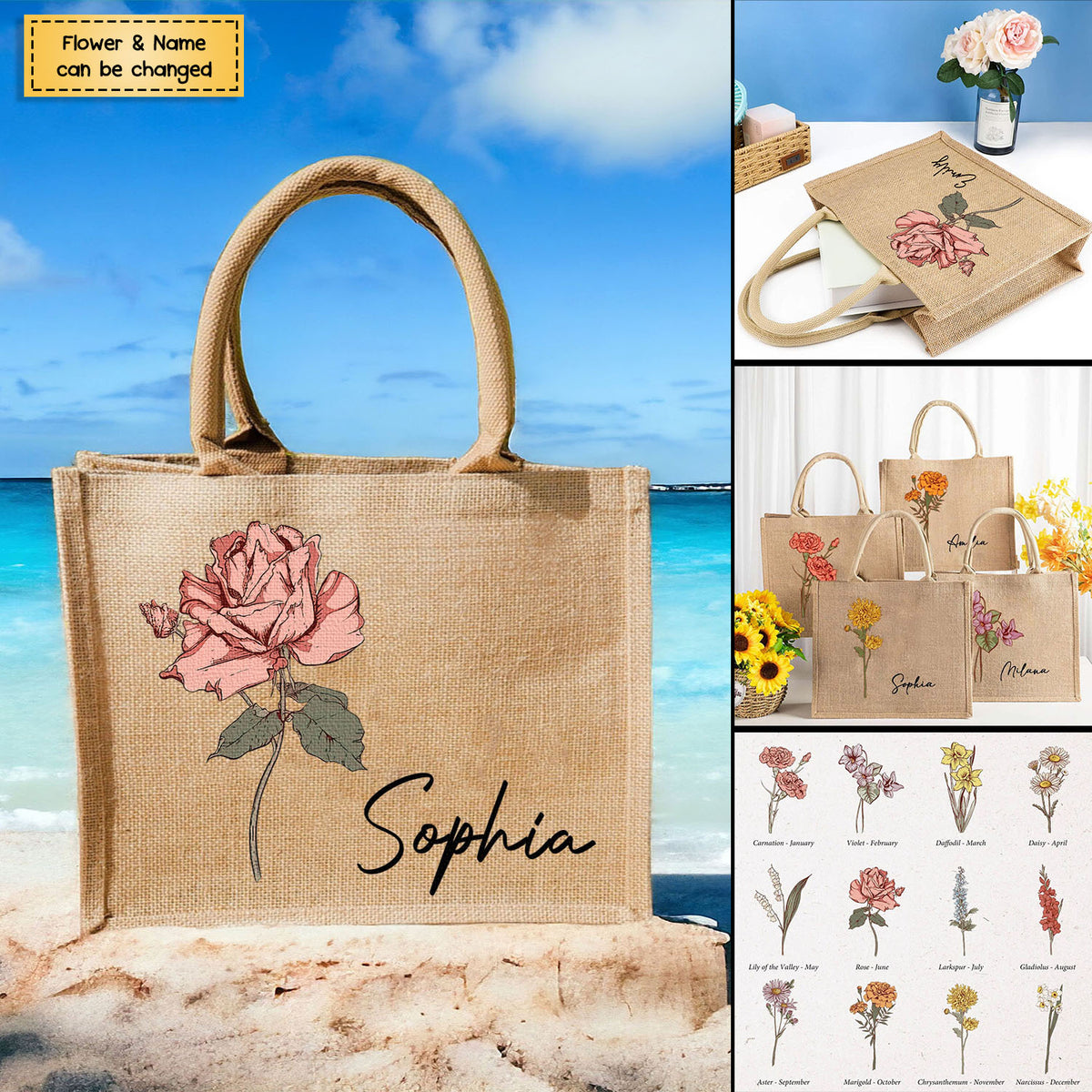 Personalized Birth Flower Jute Tote Bag