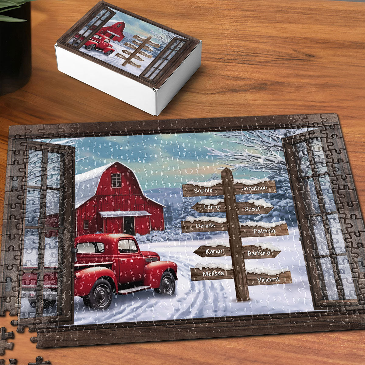 Red Truck Farmhouse Christmas Family Custom Names - Personalized Jigsaw Puzzle