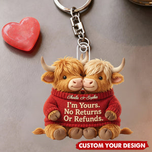 I'm Yours. No Returns Or Refunds - Personalized Highland Cow Couple Keychain