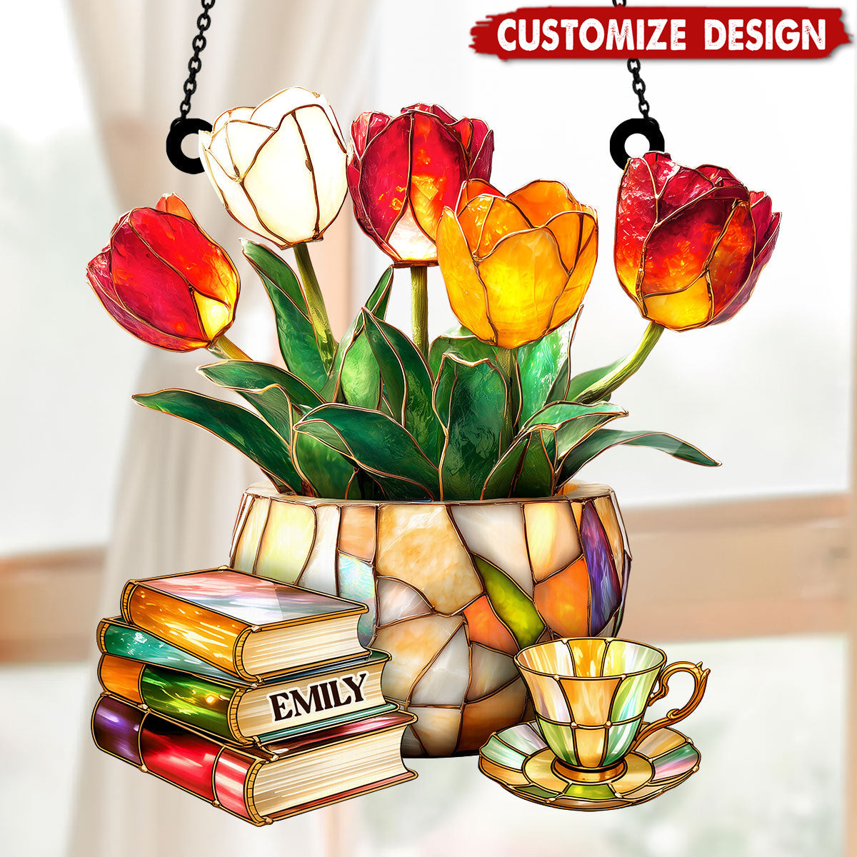 Nostalgic Tulips, Books, And Tea - Personalized Window Hanging Suncatcher