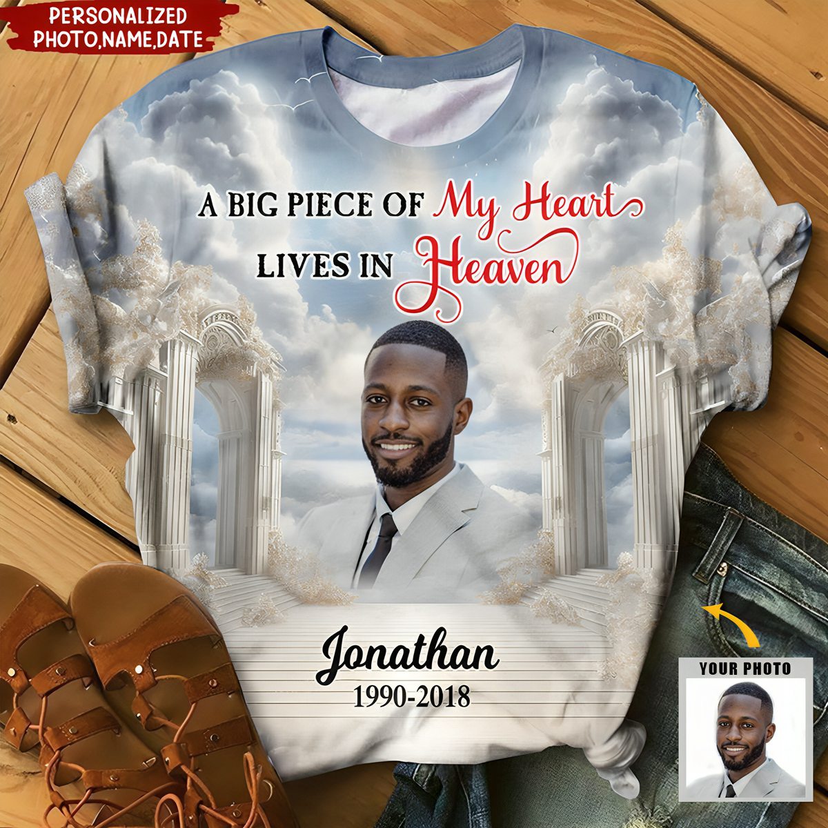 Memorial Upload Photo Heaven Gate Sky, In Loving Memory Personalized 3D T-shirt