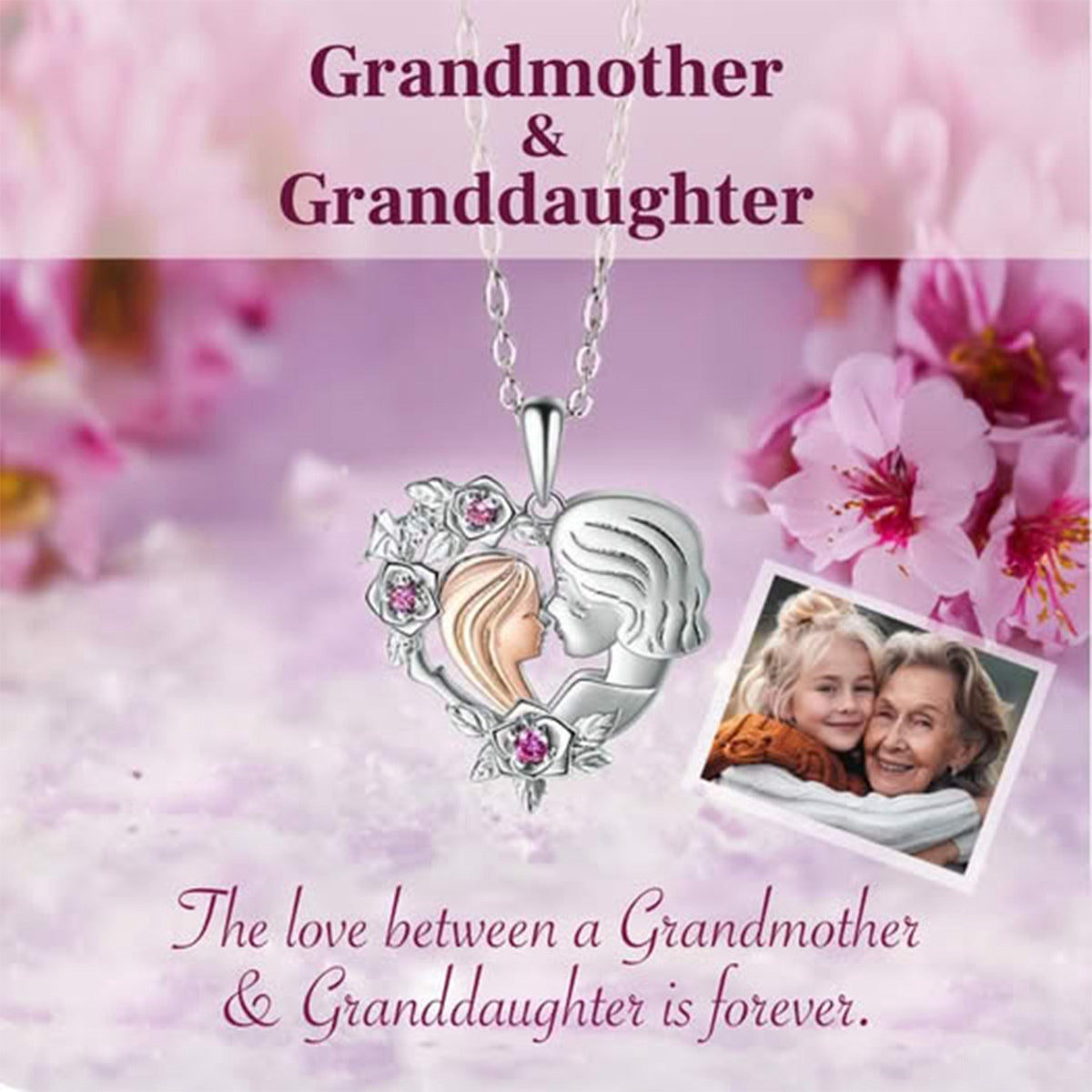 Personalized Two-Tone Grandmother Granddaughter Rose Heart Necklace with Birthstone Birthday Mother’s Day Gift for Her