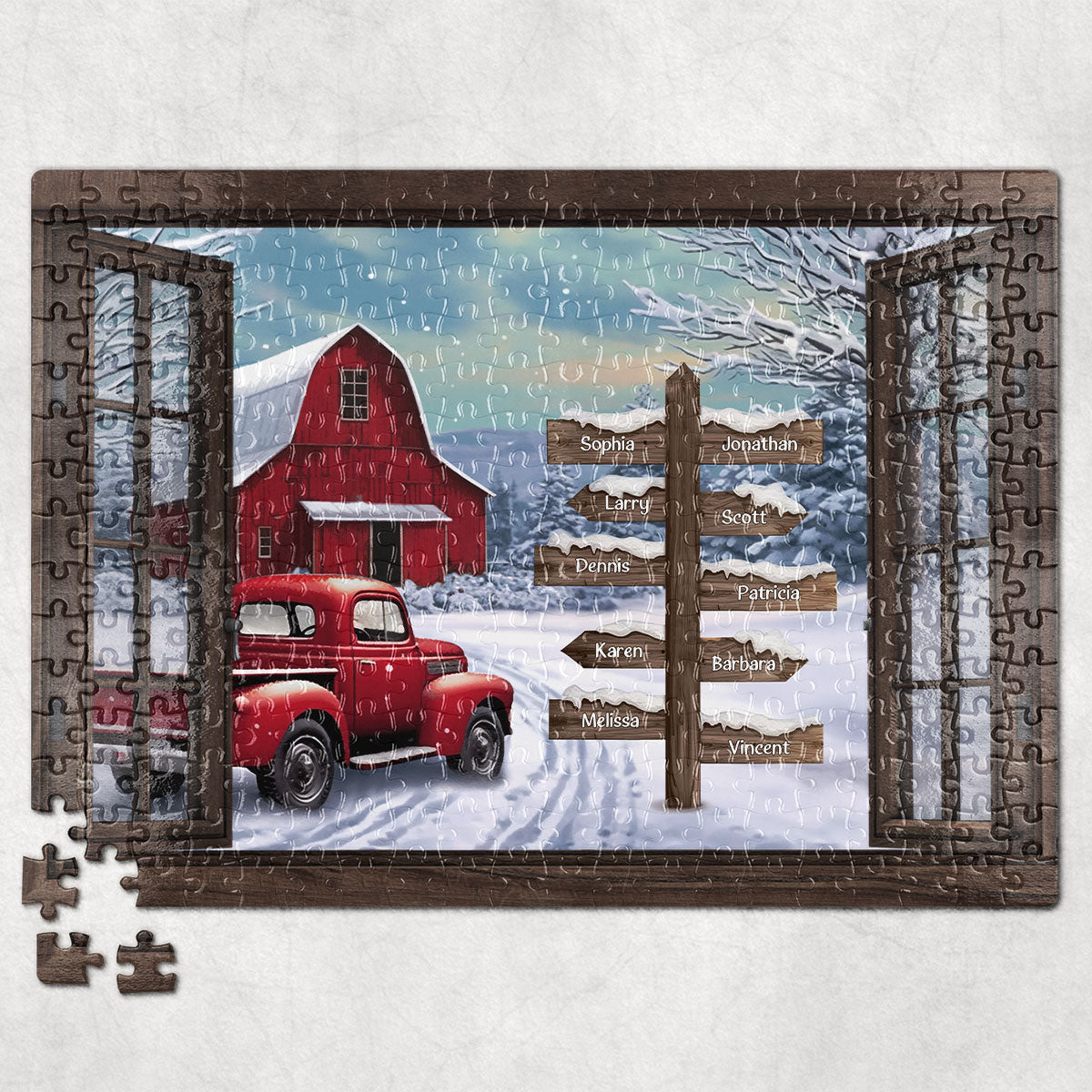 Red Truck Farmhouse Christmas Family Custom Names - Personalized Jigsaw Puzzle