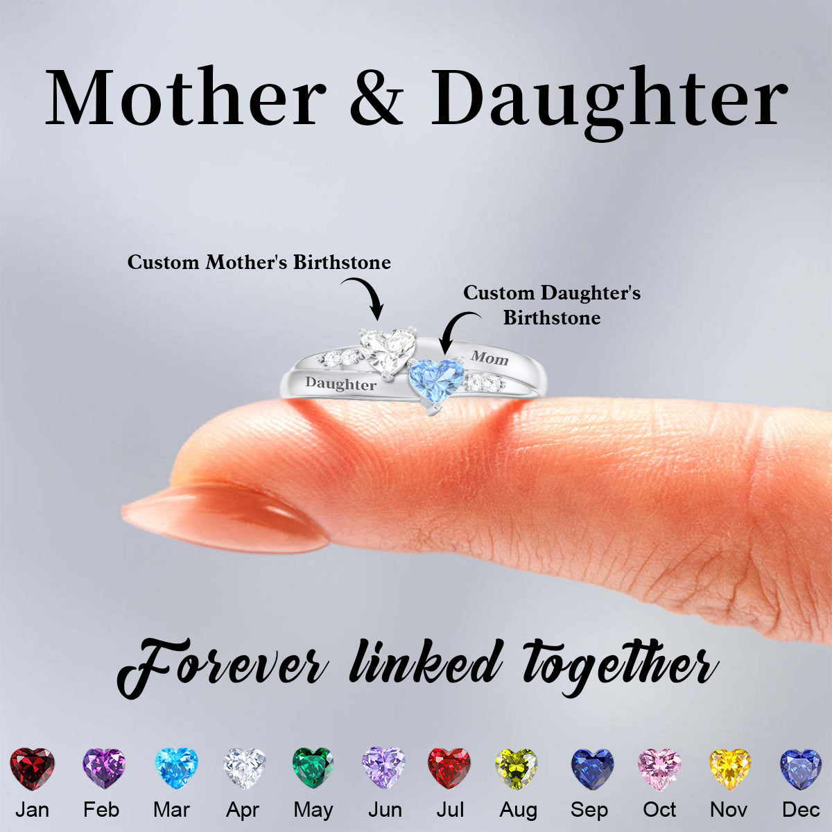 For My Daughter,Mom-Double Heart Gemstone Ring