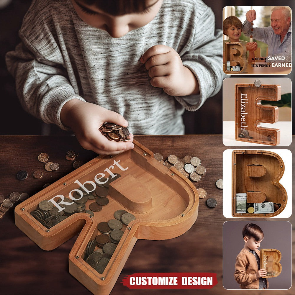 Custom initial Coin Bank With Name,Wooden Piggy Bank Gift For Boys or Girls