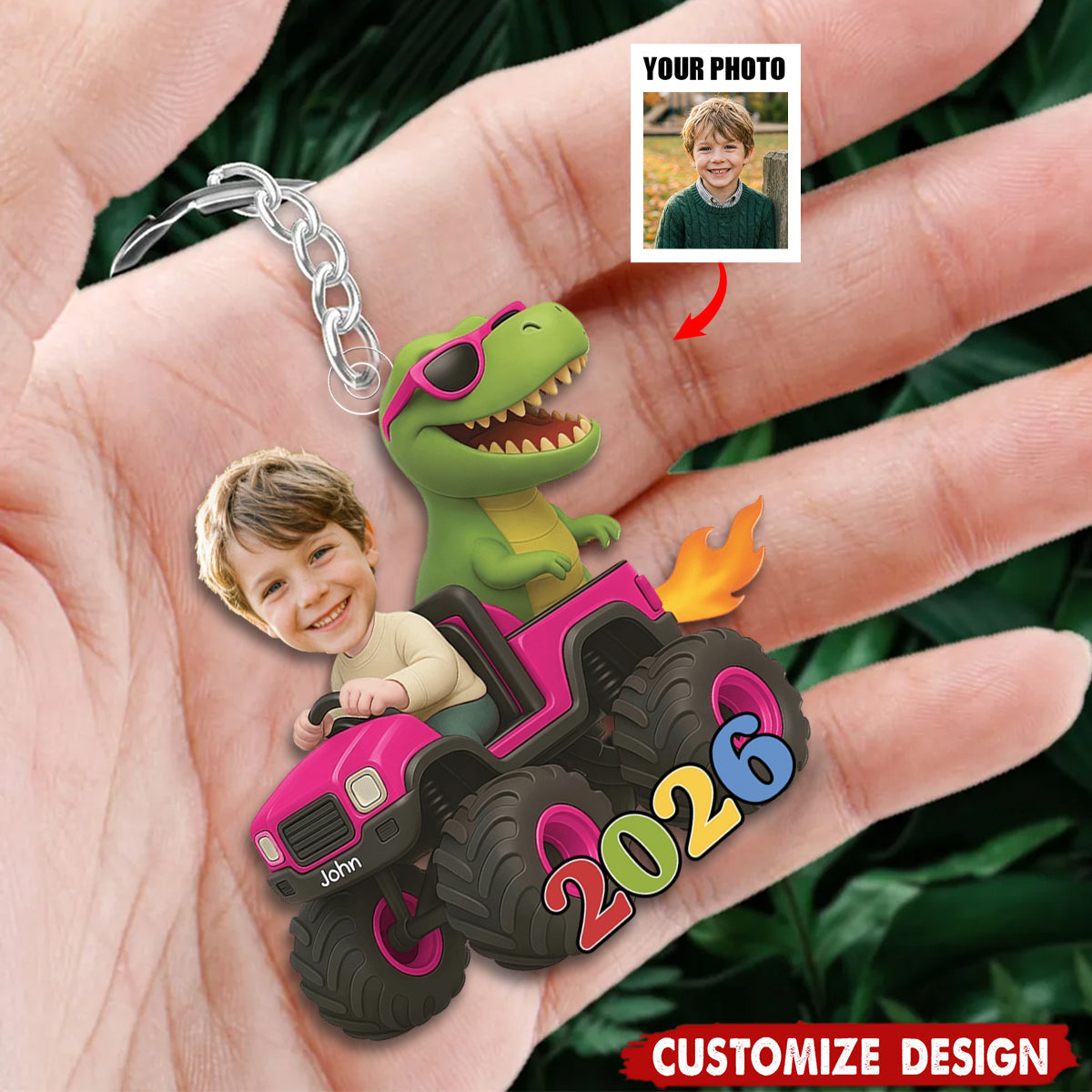 Personalized Kid Photo Dinosaur Truck Keychain