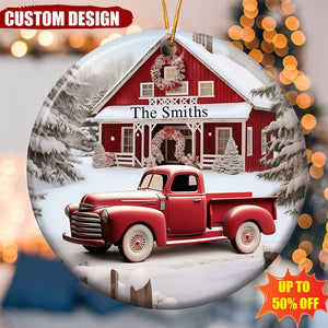 Red Barn, Red Truck Christmas - Personalized Ceramic Ornament