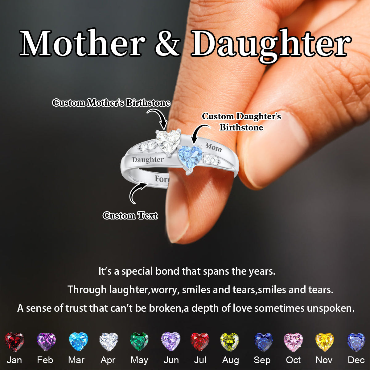 For My Daughter,Mom-Double Heart Gemstone Ring