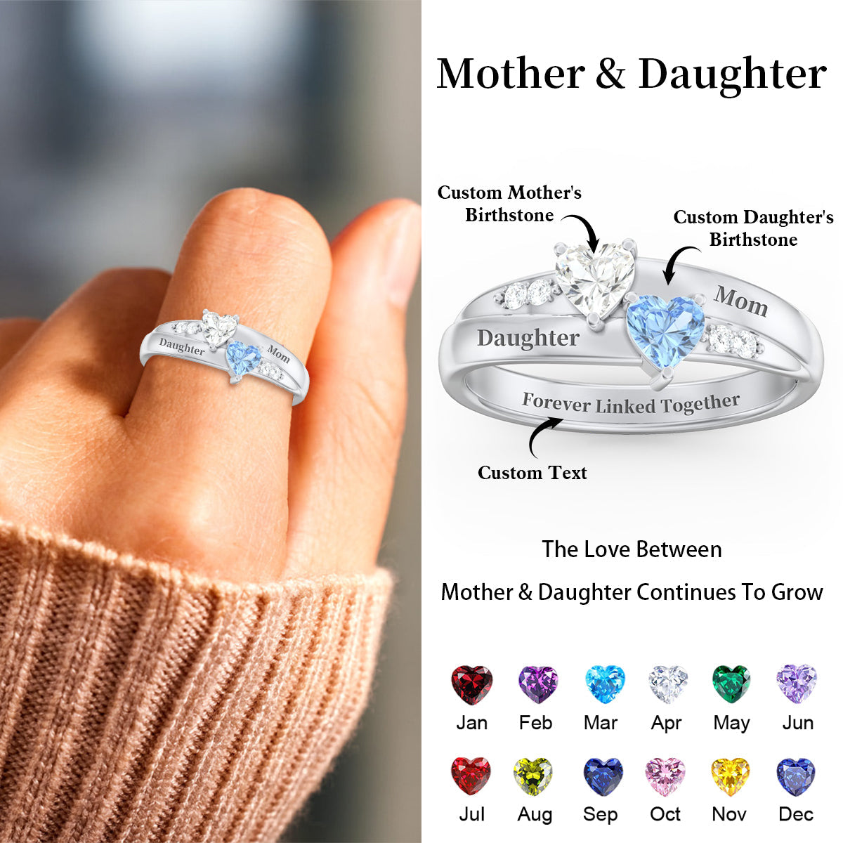 For My Daughter,Mom-Double Heart Gemstone Ring
