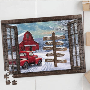 Red Truck Farmhouse Christmas Family Custom Names - Personalized Jigsaw Puzzle