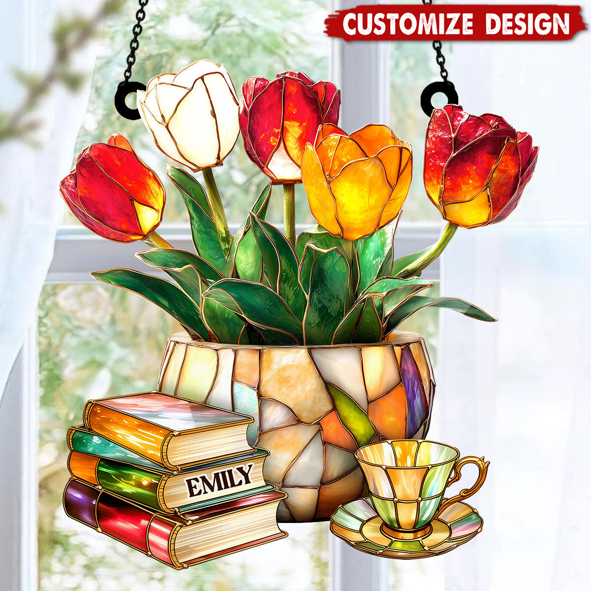 Nostalgic Tulips, Books, And Tea - Personalized Window Hanging Suncatcher