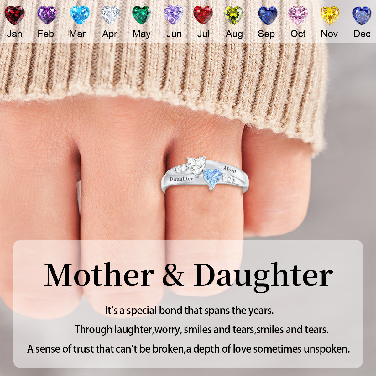 For My Daughter,Mom-Double Heart Gemstone Ring