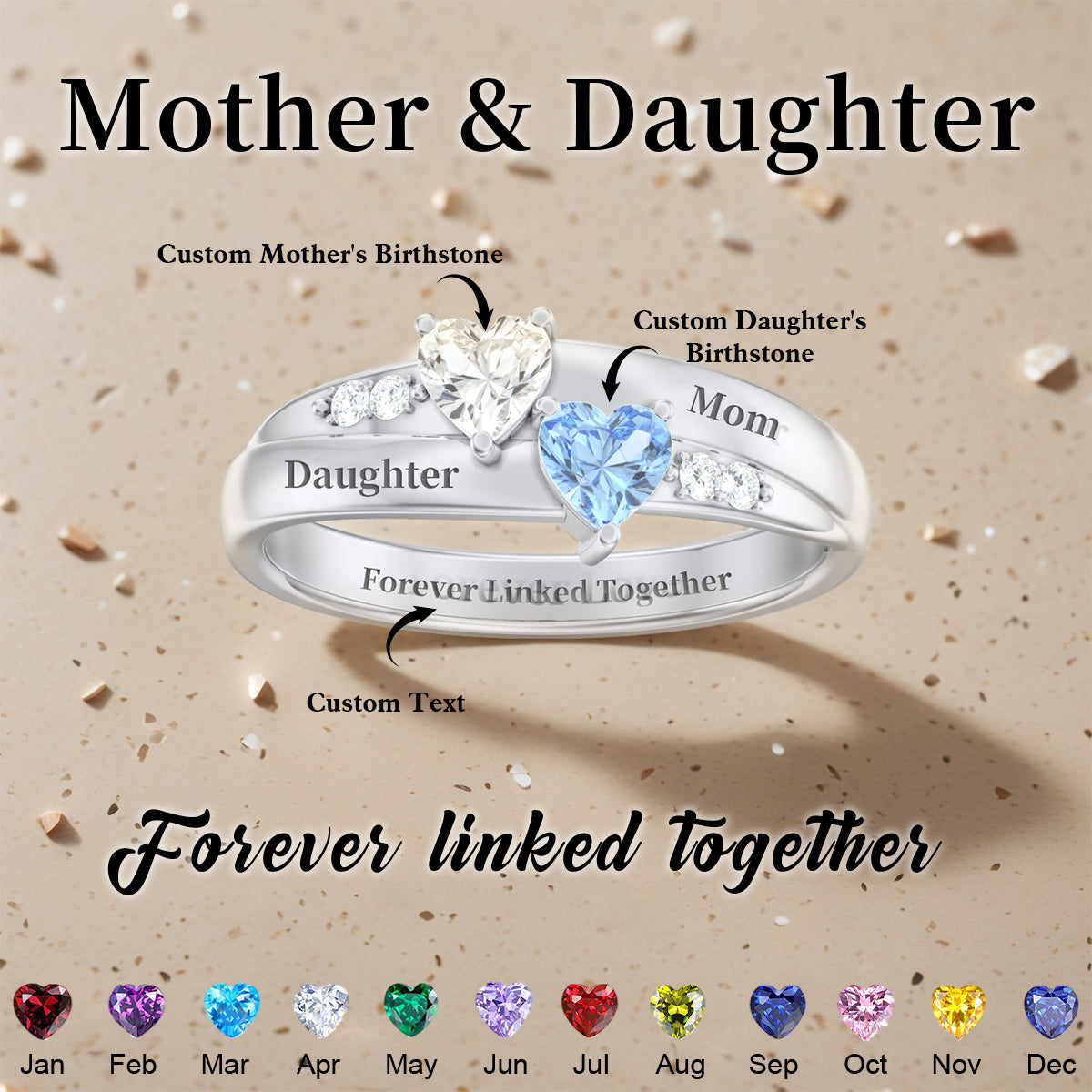 For My Daughter,Mom-Double Heart Gemstone Ring