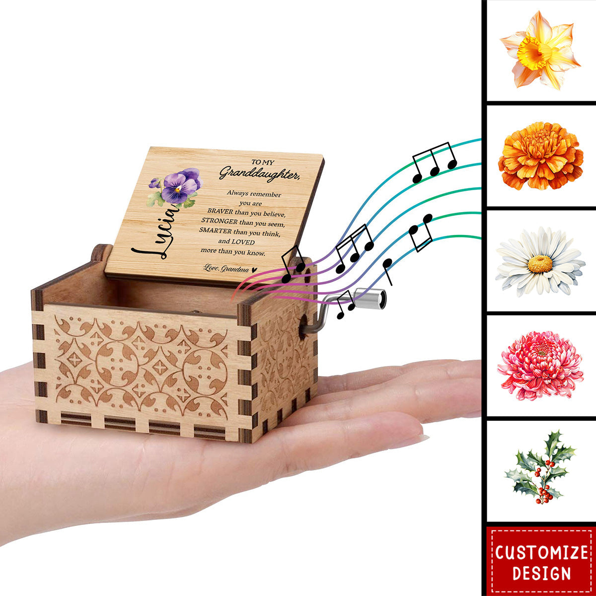 Braver, Stronger, Smarter, Loved, Inspiring Message For Granddaughter - Custom Music Box With "You Are My Sunshine" Tune