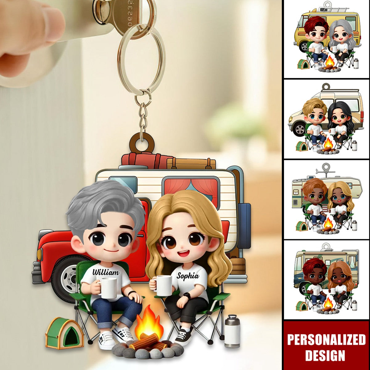 Cute Cartoon Camping Couple-Personalized Keychain-Gift for him,for her