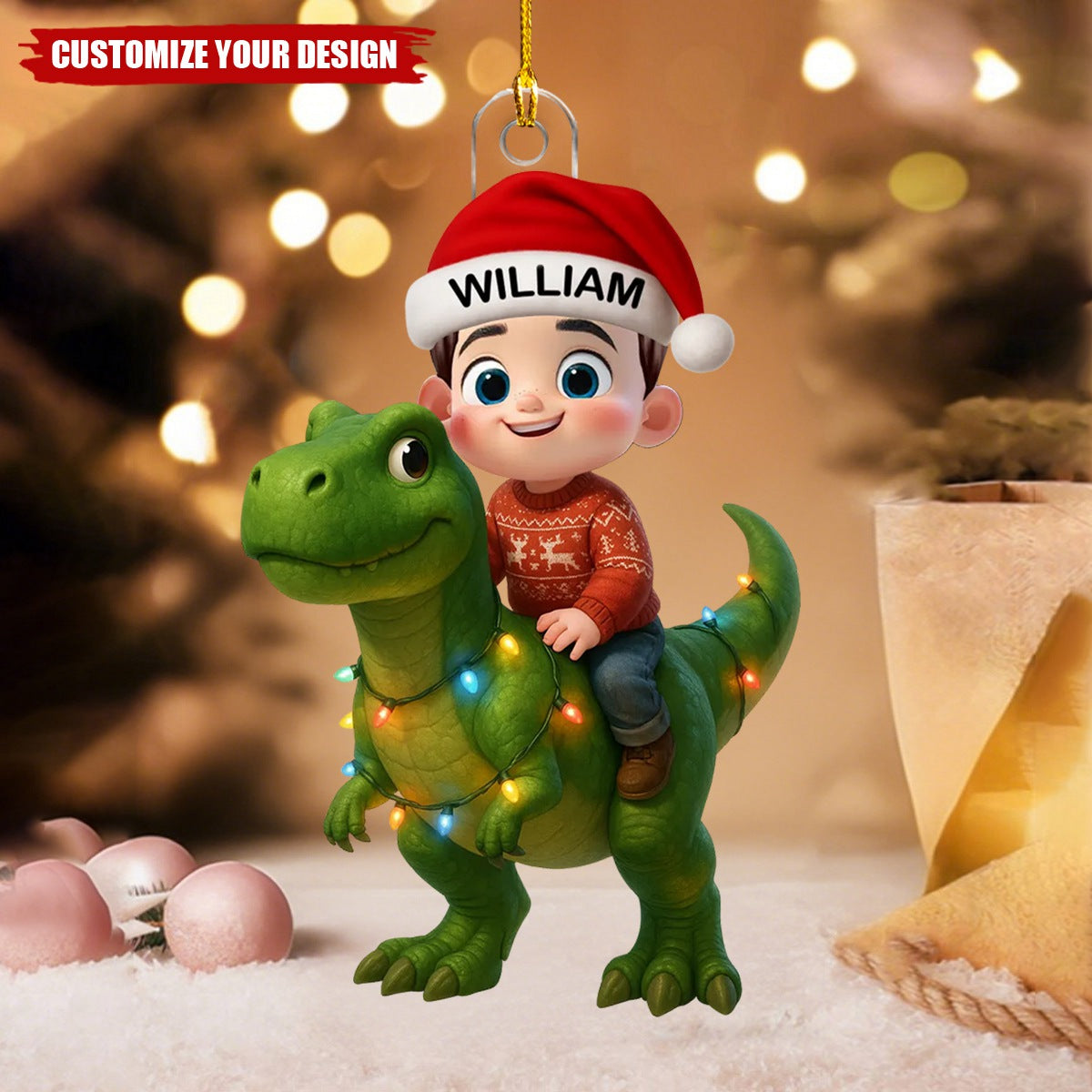 Personalized Cute Cartoon Kid With Dinosaur Christmas Acrylic Ornament, Unique Gift For Grandkids