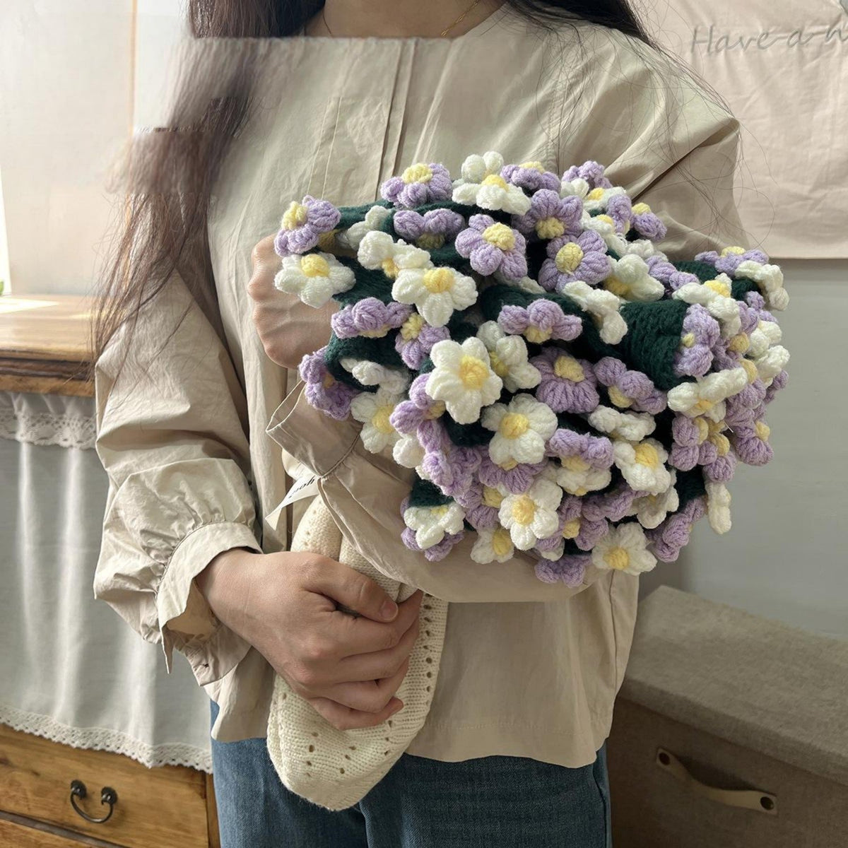 Hand-Knitted Daisy Blanket Bouquet Blanket Ready-Made Hand-Woven Flower Blanket, Gift For Mother And Girlfriend