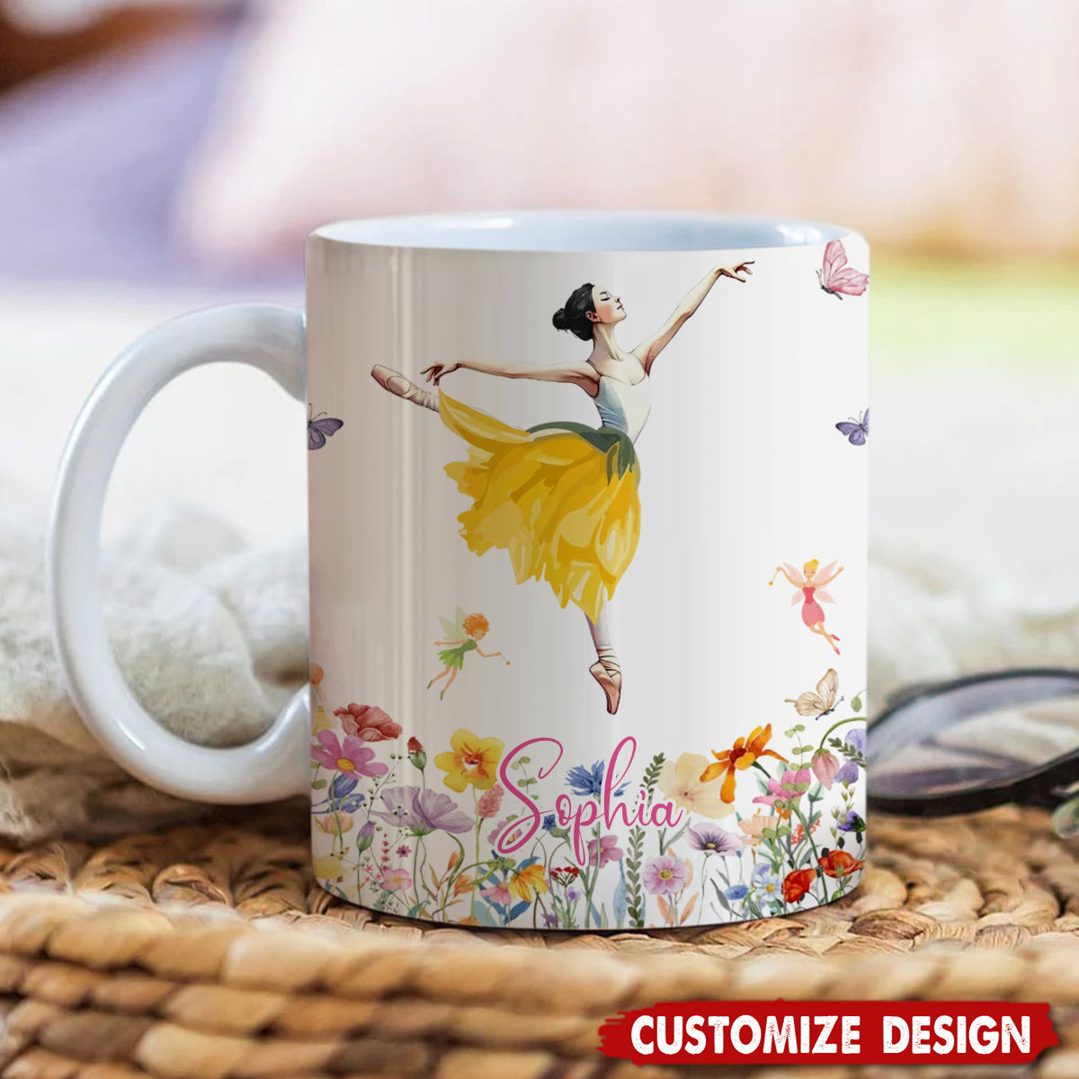 Personalized Birth Flower Butterfly Ballet Girl Coffee Mug