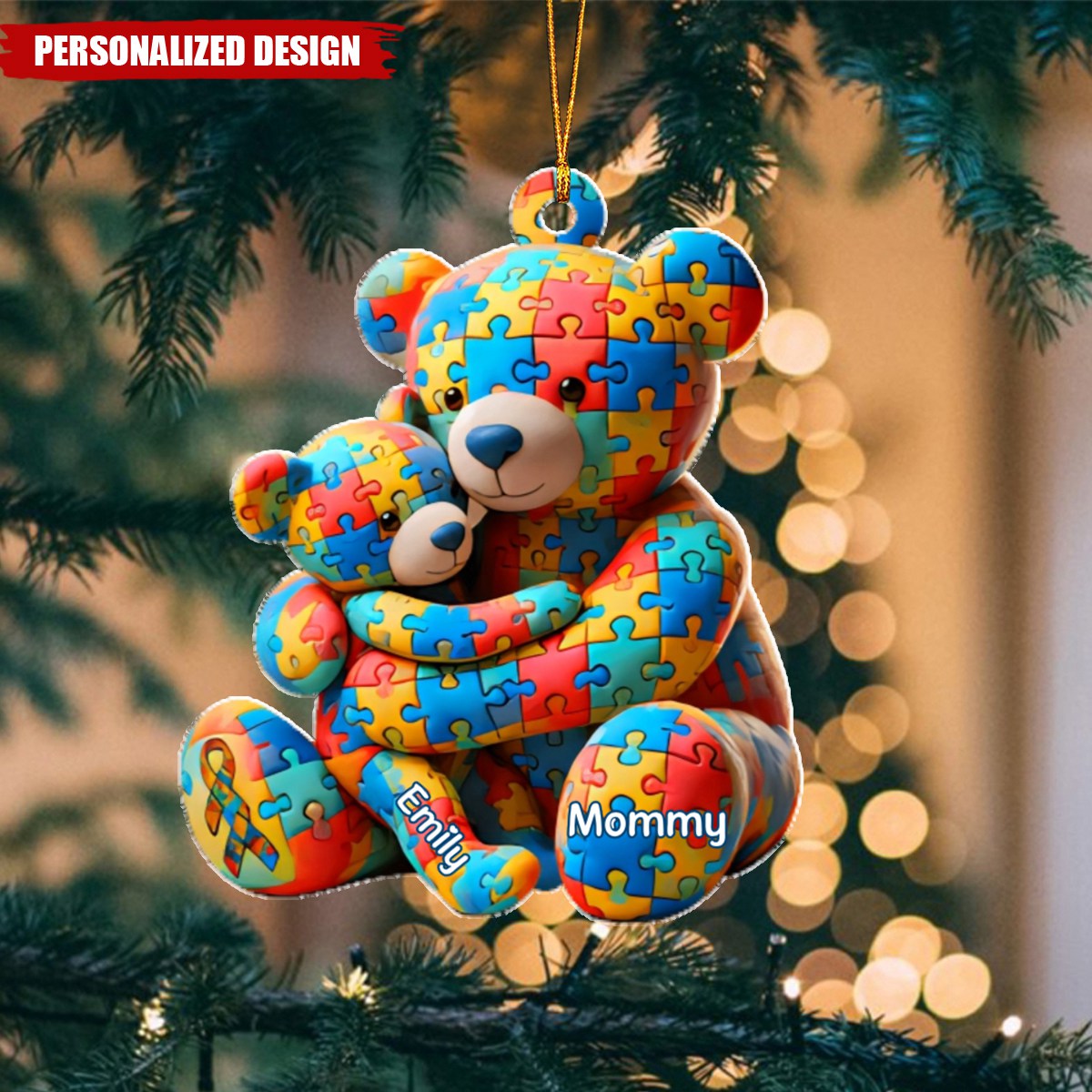 Personalized Gifts For Autism Christmas Ornament Bear Mother and Kid