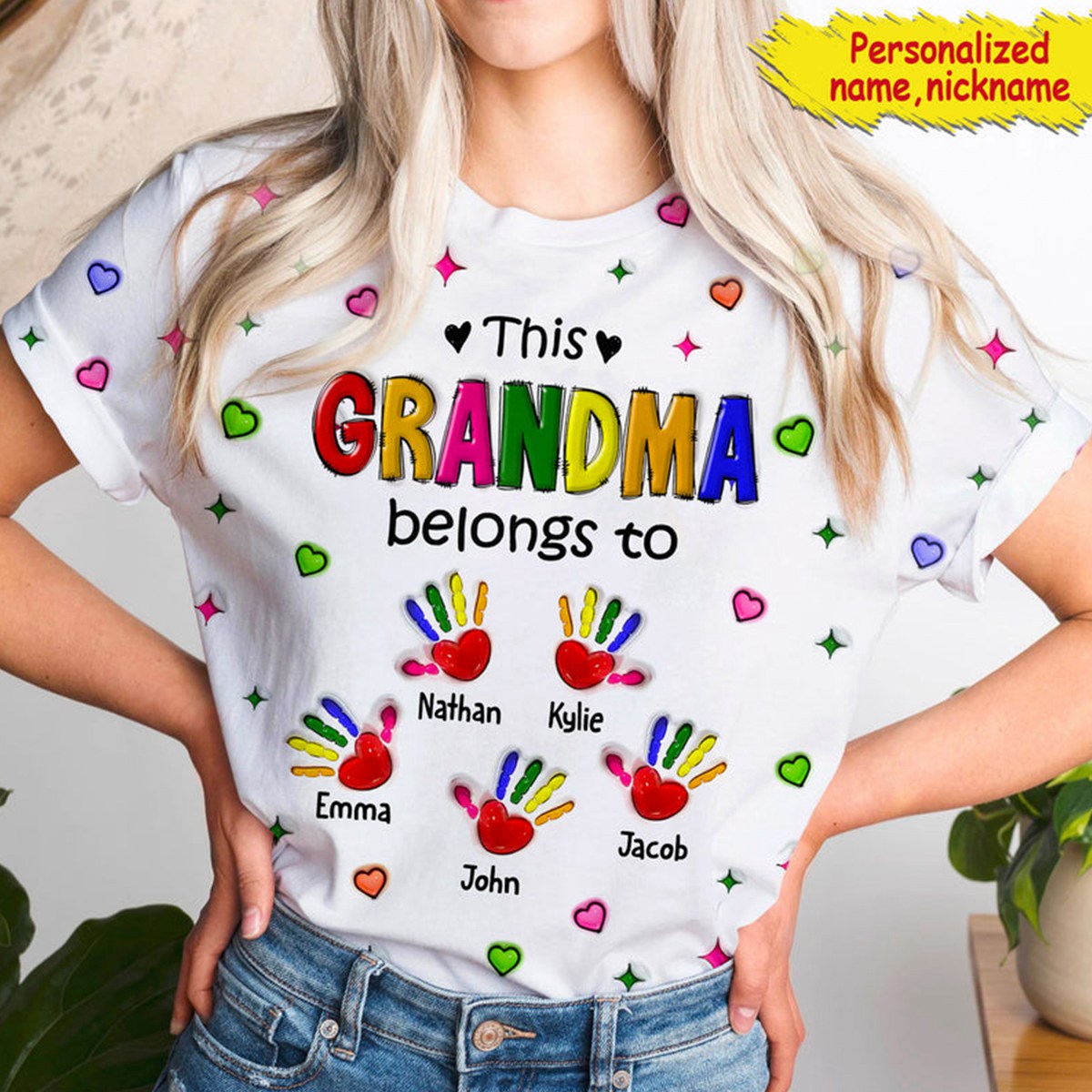 Personalized Colorful This Grandma Mom Belongs To Handprint Kids 3D T-shirt