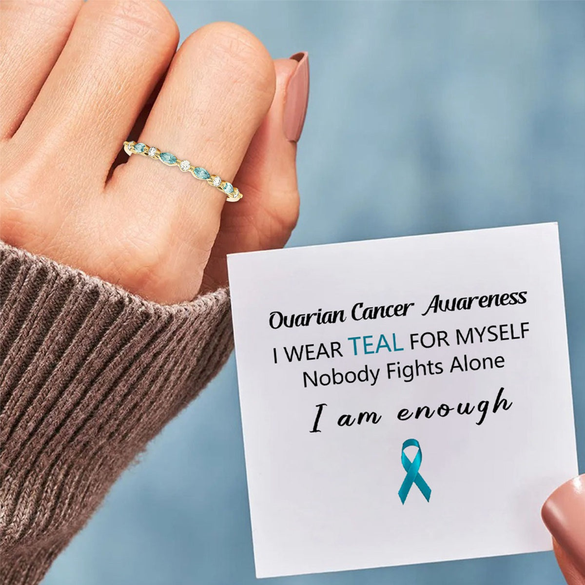 Ovarian Cancer Awareness-Cyan Diamond Thin Ring