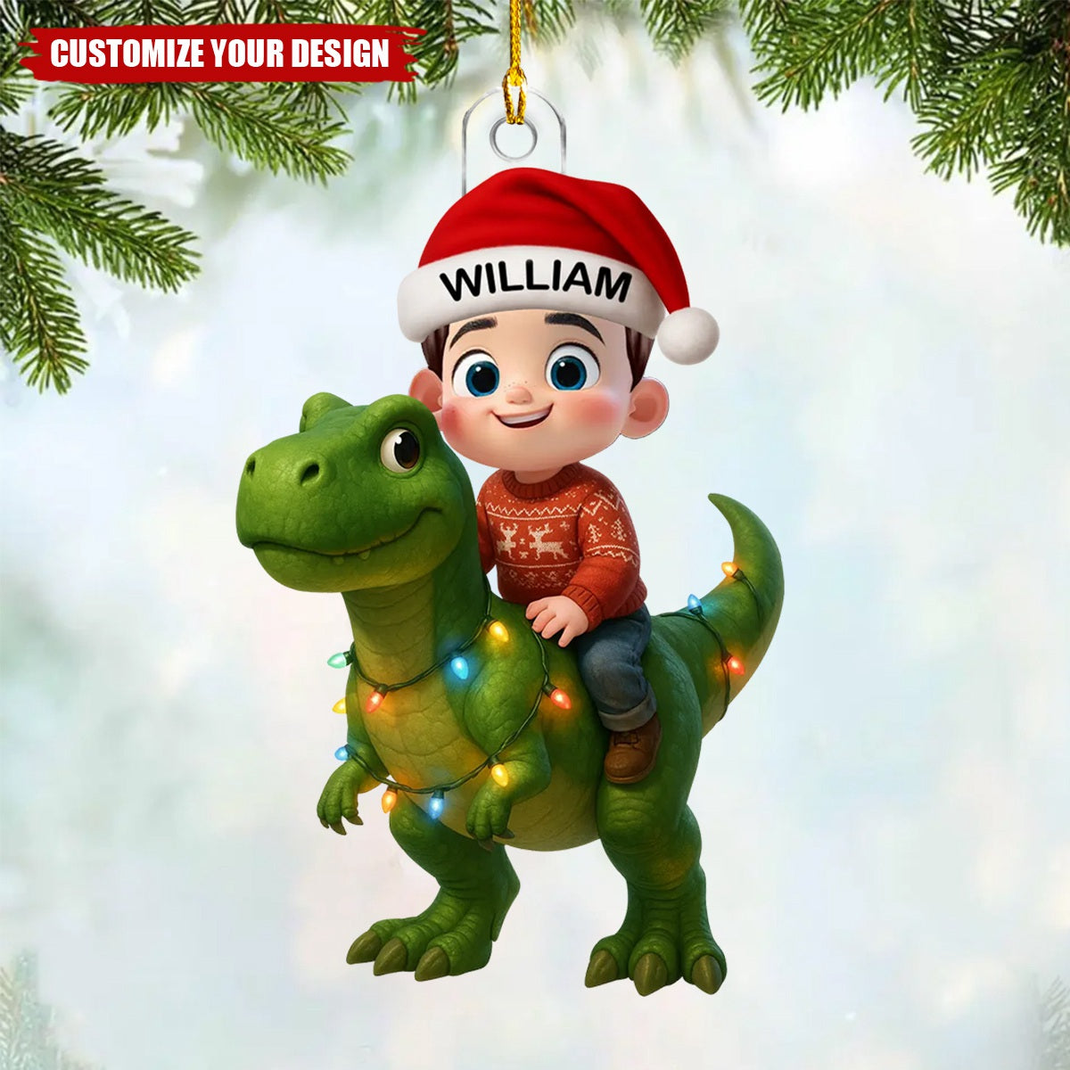 Personalized Cute Cartoon Kid With Dinosaur Christmas Acrylic Ornament, Unique Gift For Grandkids